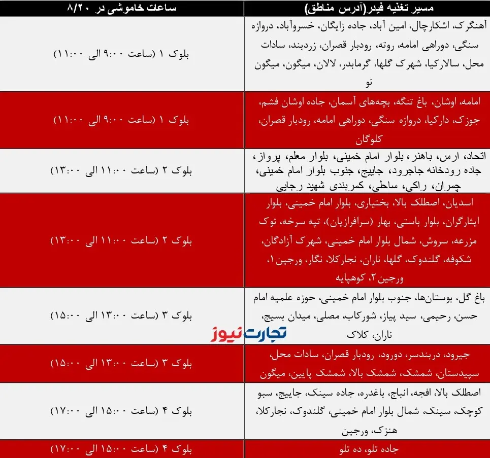 جدول خاموشی لواسان