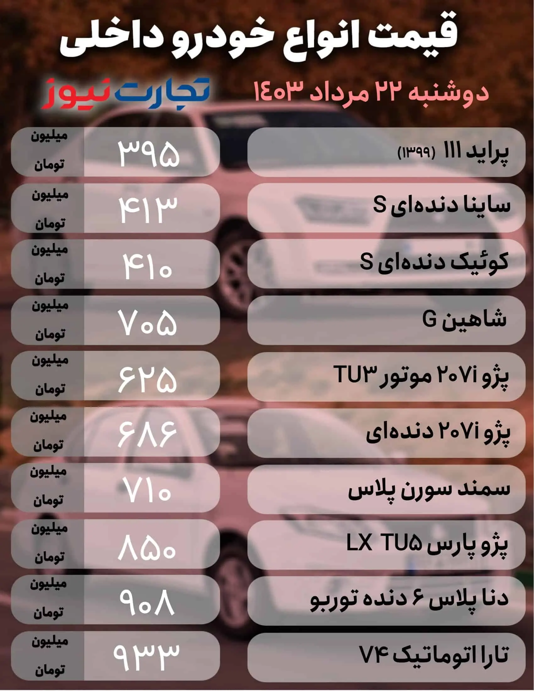 قیمت خودرو داخلی 22 مرداد 1403