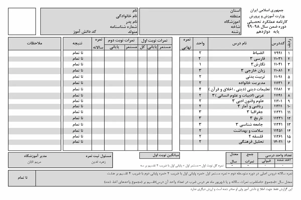 کارنامه دبیرستان