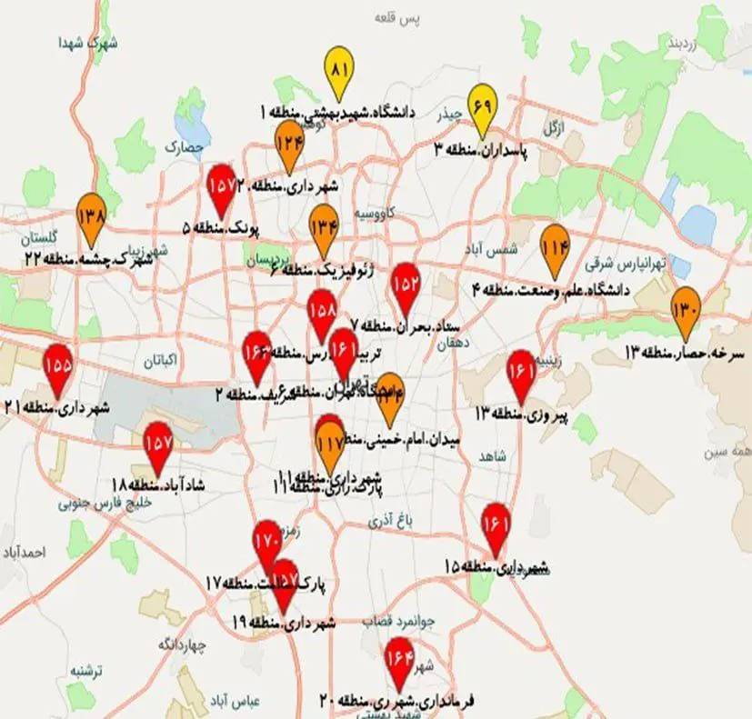 نقشه شاخص آلودگی هوای مناطق تهران جمعه شب ۲۳ آذرماه