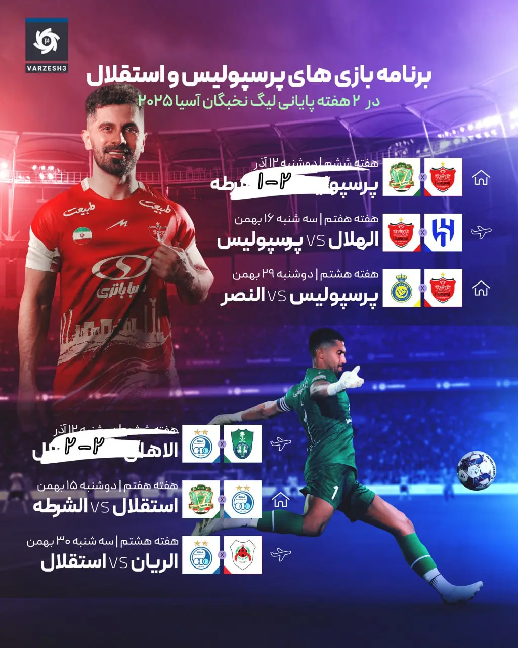 برنامه بازی های پرسپولیس و استقلال لیگ نخبگان آسیا