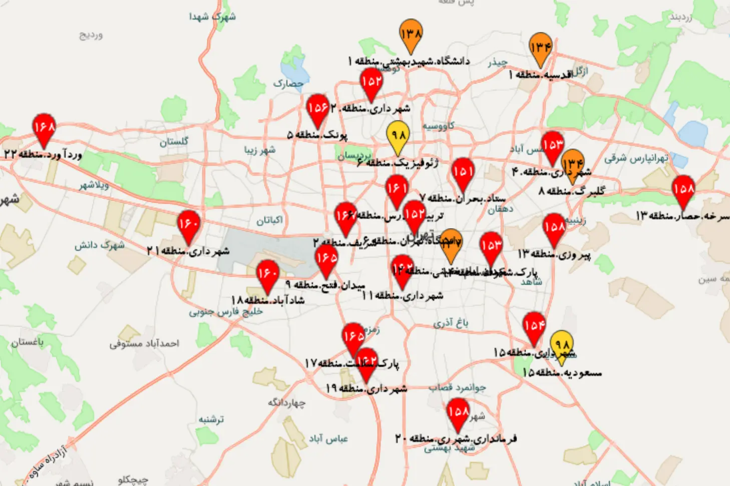 نقشه آلودگی مناطق تهران بعدازظهر شنبه ۱۳ بهمن