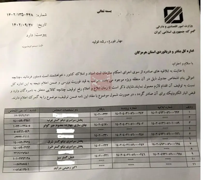 دستور توقیف اموال مرتبطین چای دبش