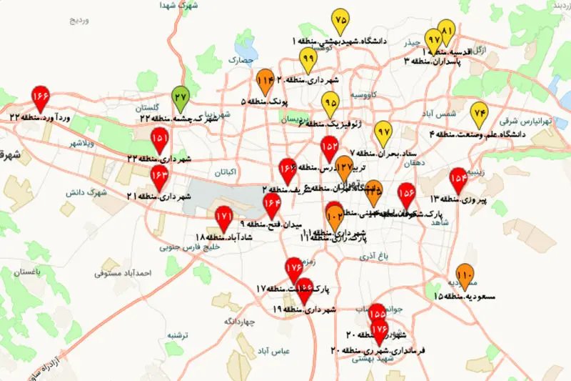 شاخص آلودگی هوا تهران ظهر پنجشنبه ۲۰ دی