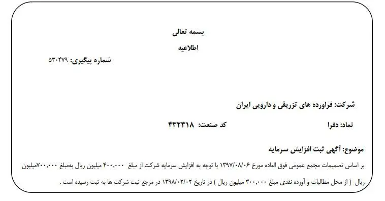 سرمایه شرکت فرآورده‌های تزريقی و دارويی ايران به 70 میلیارد تومان رسید