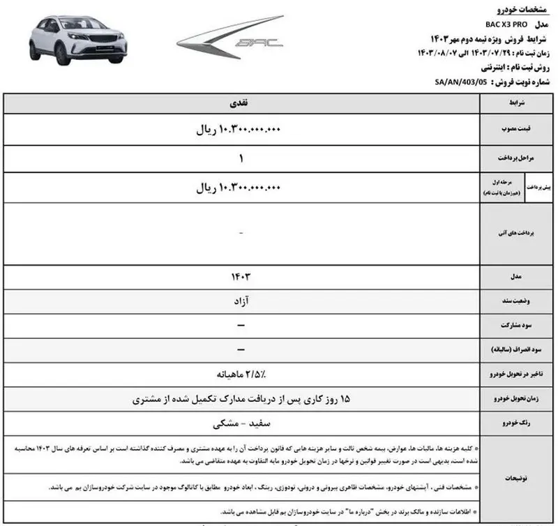 شرایط طرح فروش کرمان موتور شامل بک X3