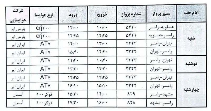 جدول پروازهای رامسر